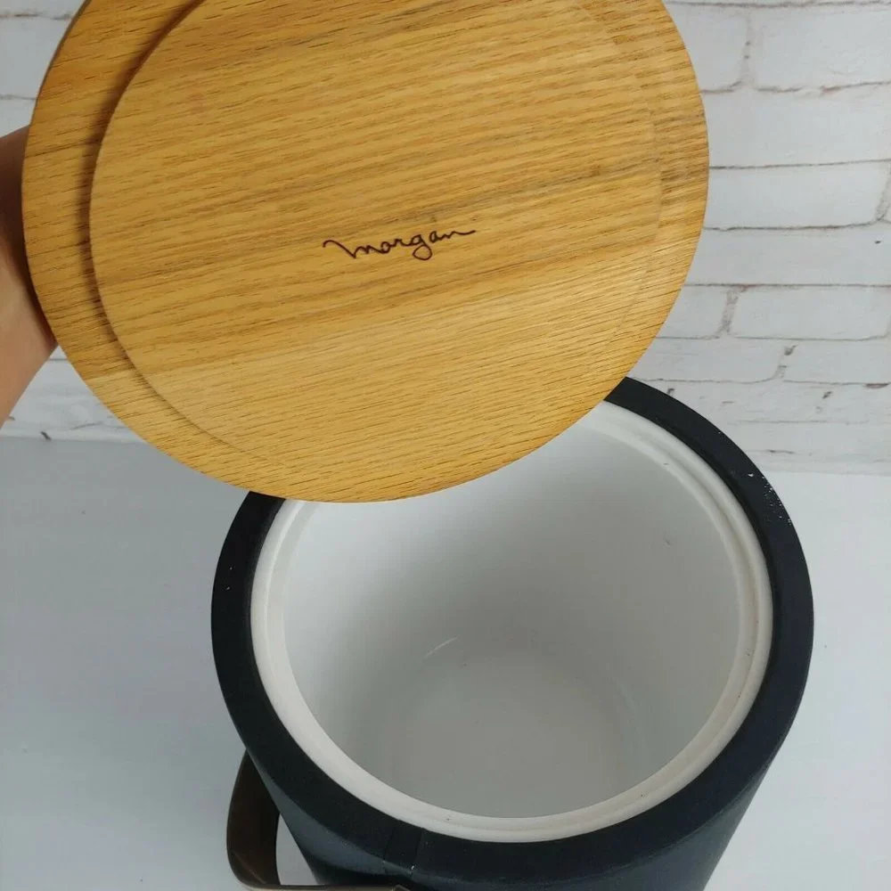 Morgan Ice Bucket with Lid Vinyl Covered in Brown with Wood Mid Century MCM